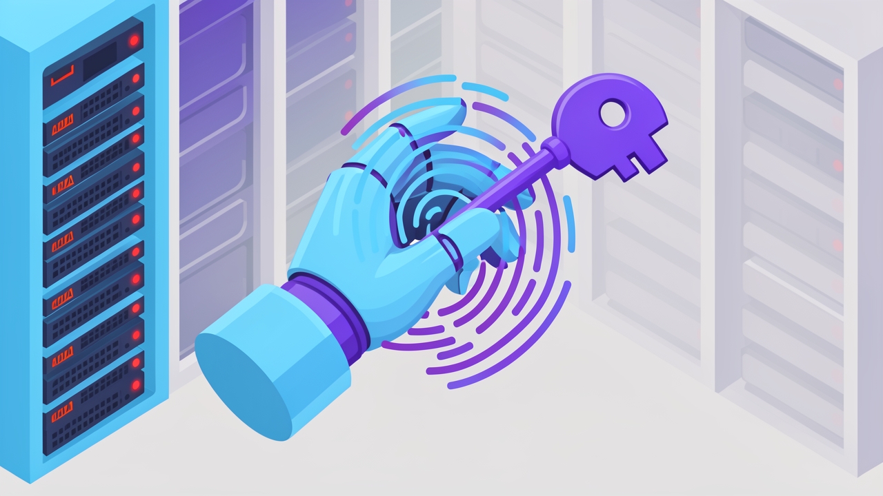 Illustration von KI-Identitäts- und Sicherheitsrisiken, die eine Roboterhand mit einem digitalen Fingerabdruck-Schlüssel neben Serverschränken zeigt
