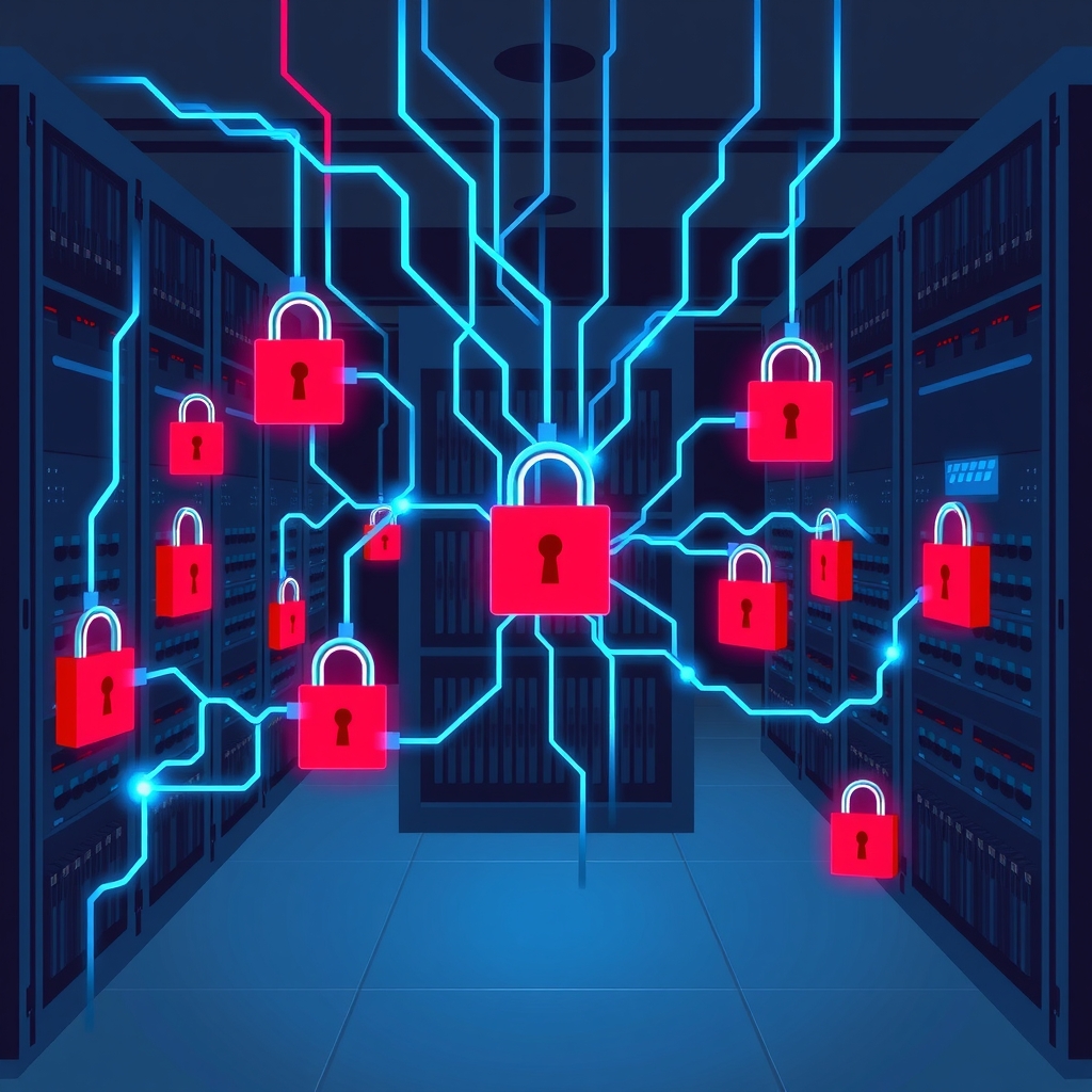 Illustration von KI-Netzwerken, die anfällige Serverschlösser angreifen