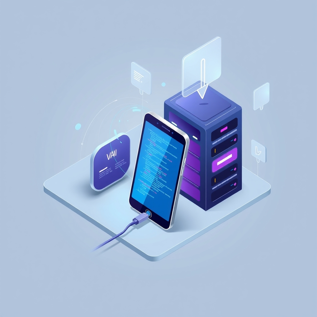 A smartphone connected to server racks with holographic code elements.