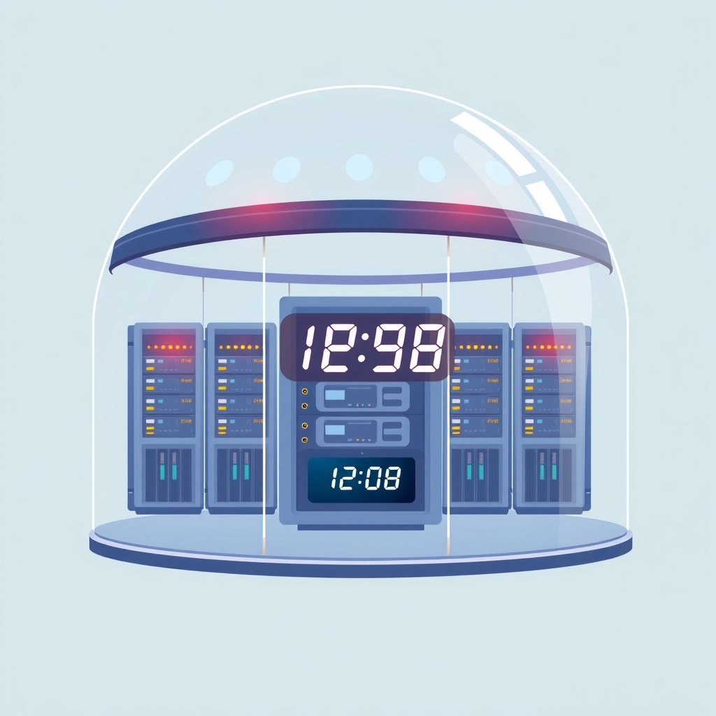 Server racks under a glass dome with amber lights and a countdown clock