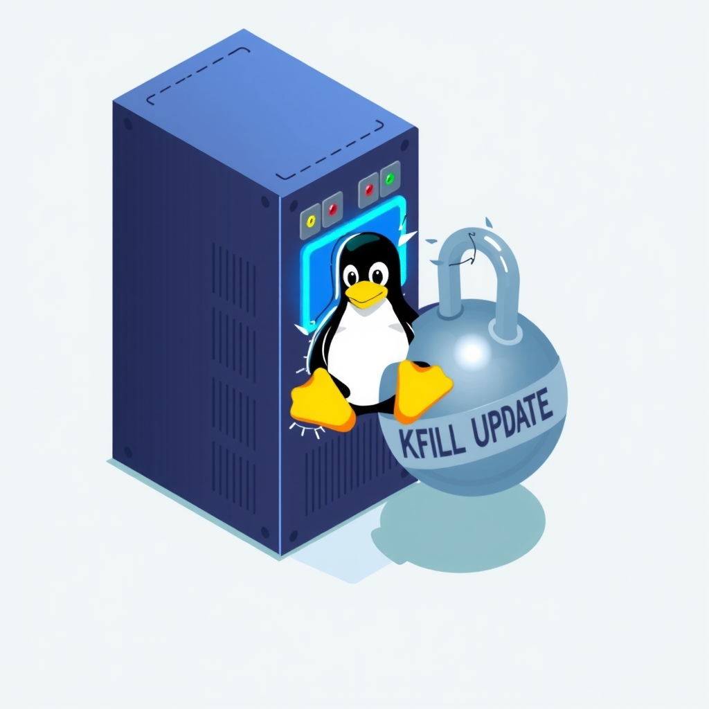 Ilustración de un servidor Linux luchando bajo el peso de una actualización del kernel