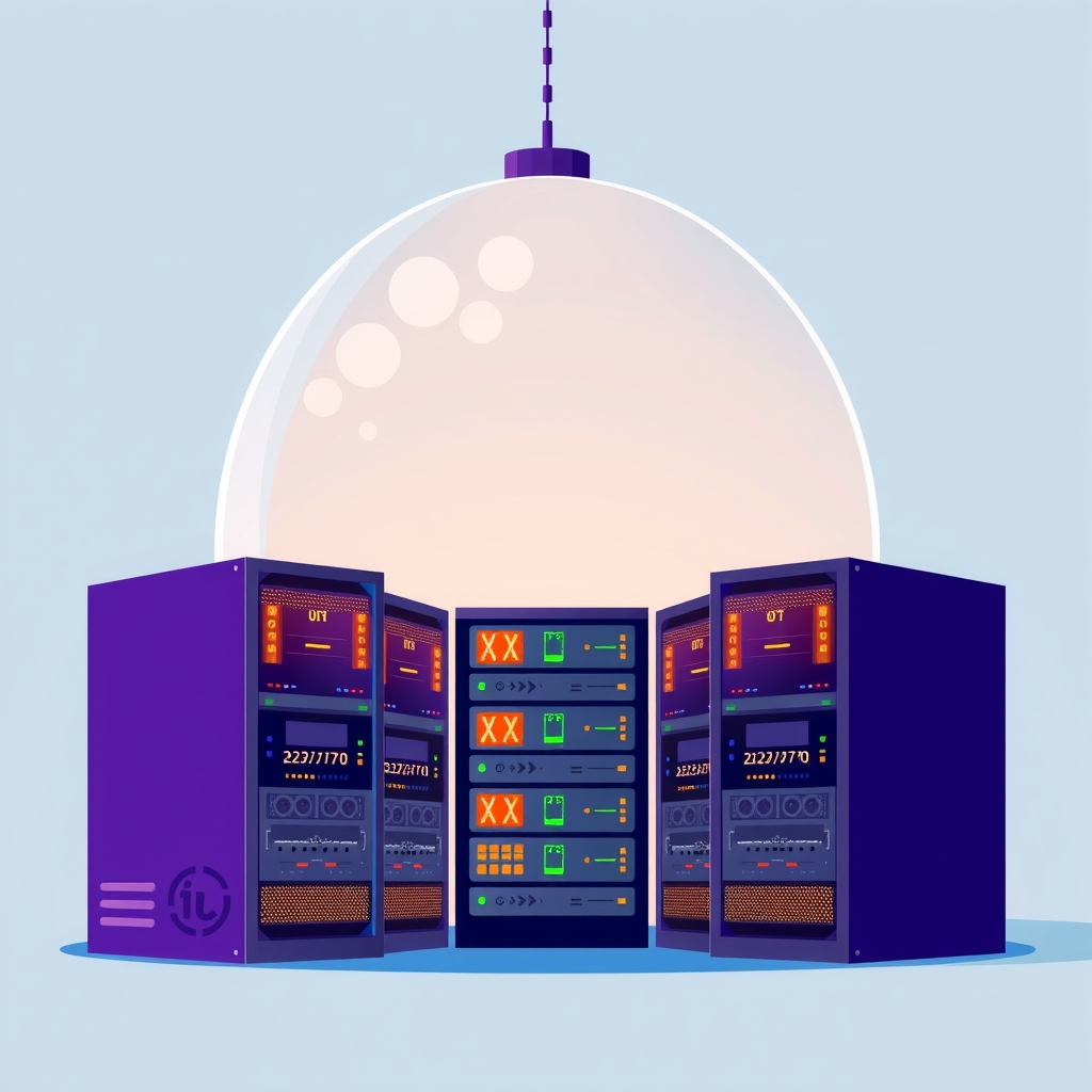 Server racks under a glass dome with amber warning lights