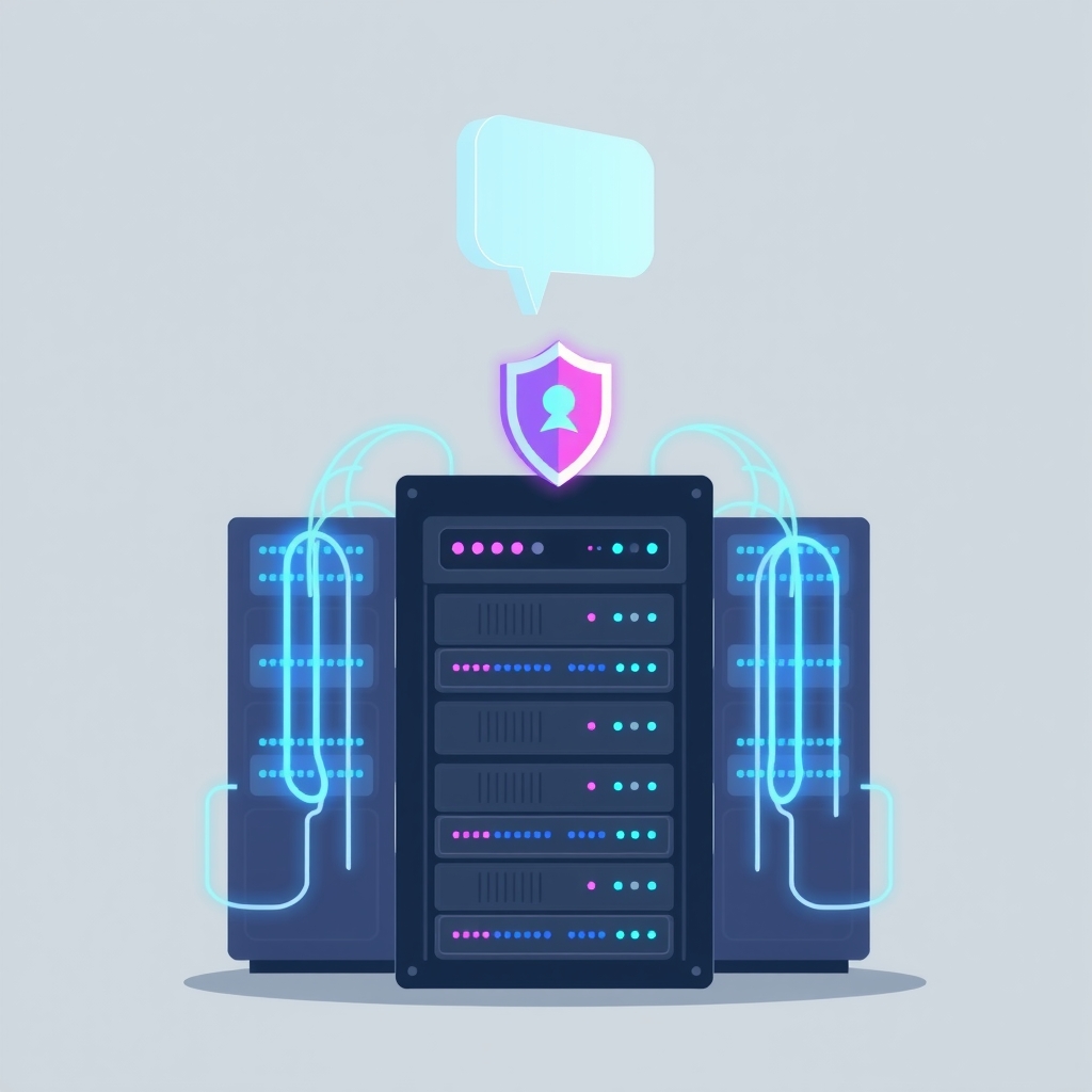 Illustration von sicheren Datenströmen, die einen Server mit einer KI-Chat-Oberfläche verbinden.