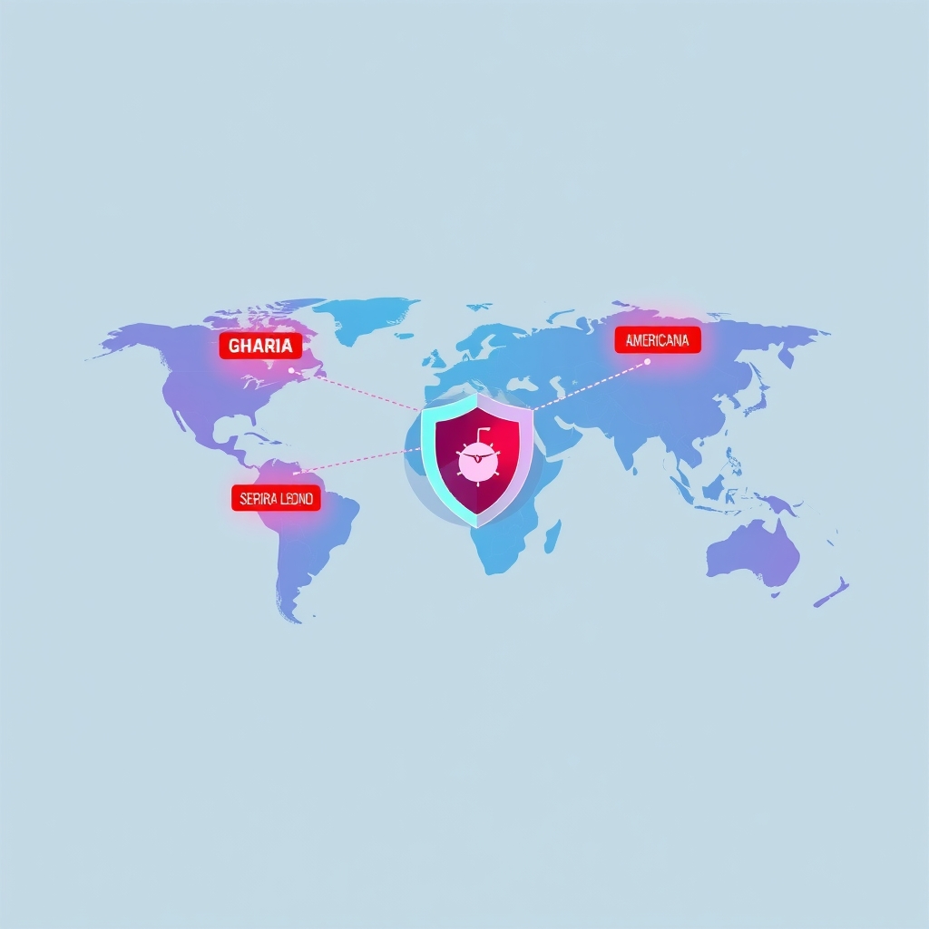 Illustration showing red warnings over specific countries on a world map linked to a browser shield icon