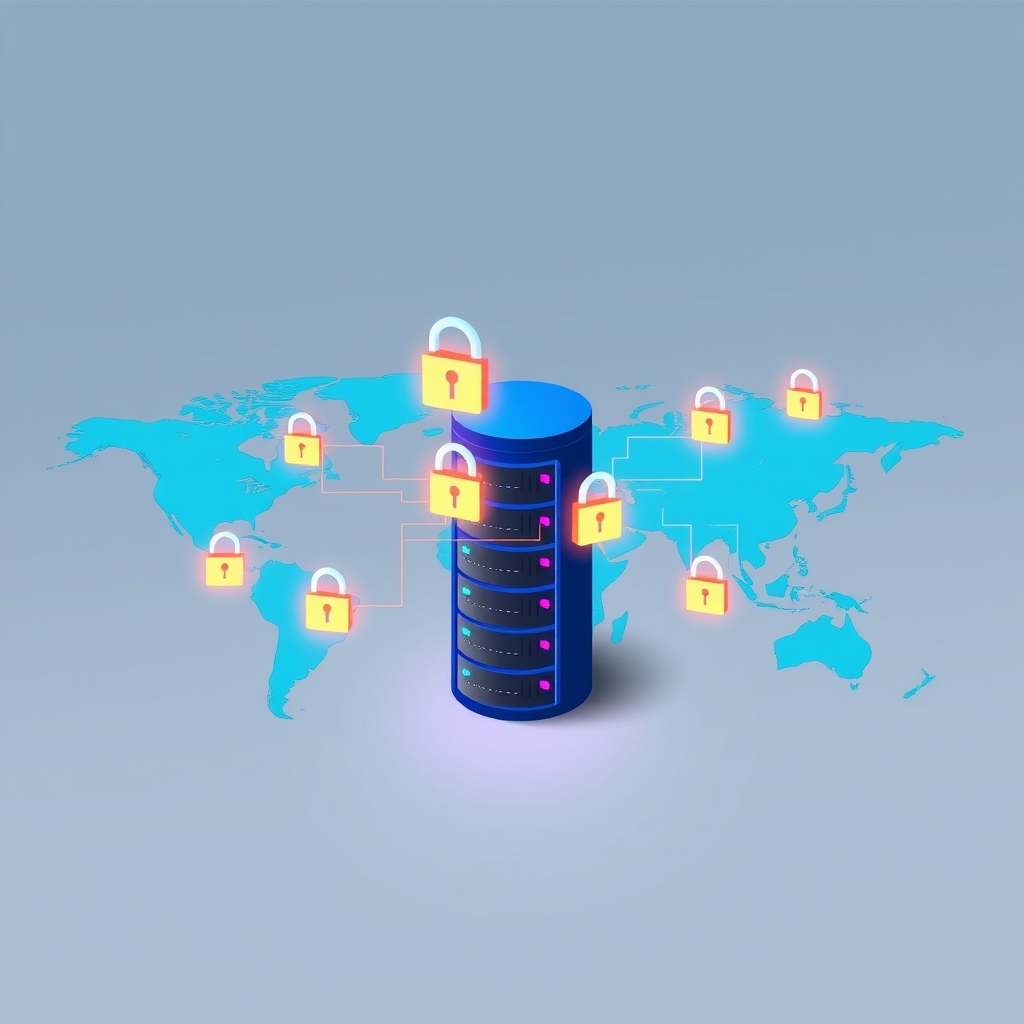 Illustration of global data centers with geographic locks representing regional key management