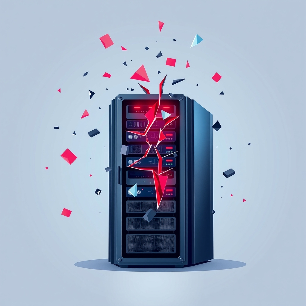 Illustration of a server rack with cracks and red warning lights indicating a security breach