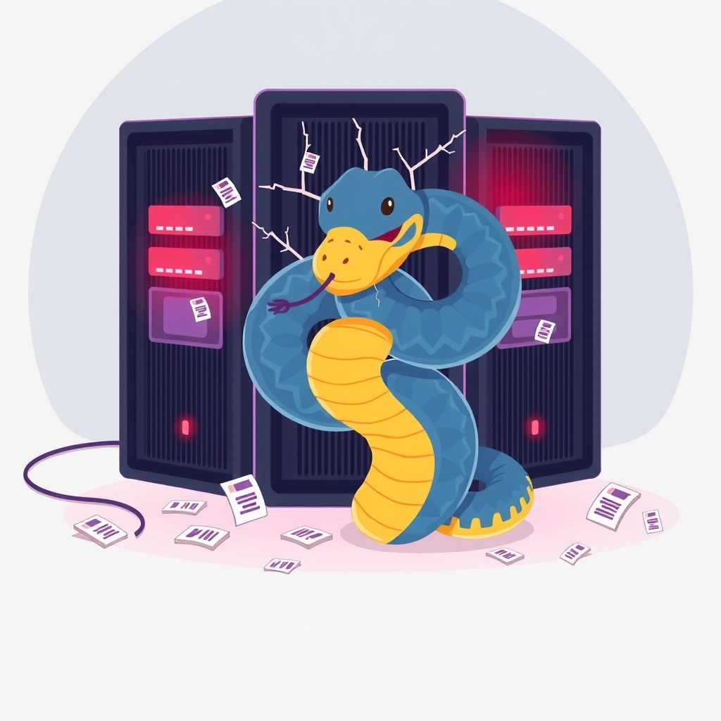 Python-Schlange, die sich um einen beschädigten Server mit Warnlichtern windet