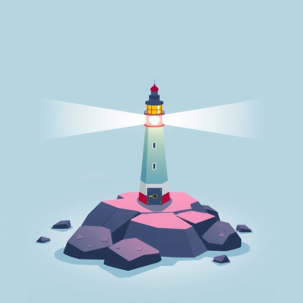 El haz de luz de un faro iluminando una caja fuerte en costas rocosas, simbolizando guía y seguridad.