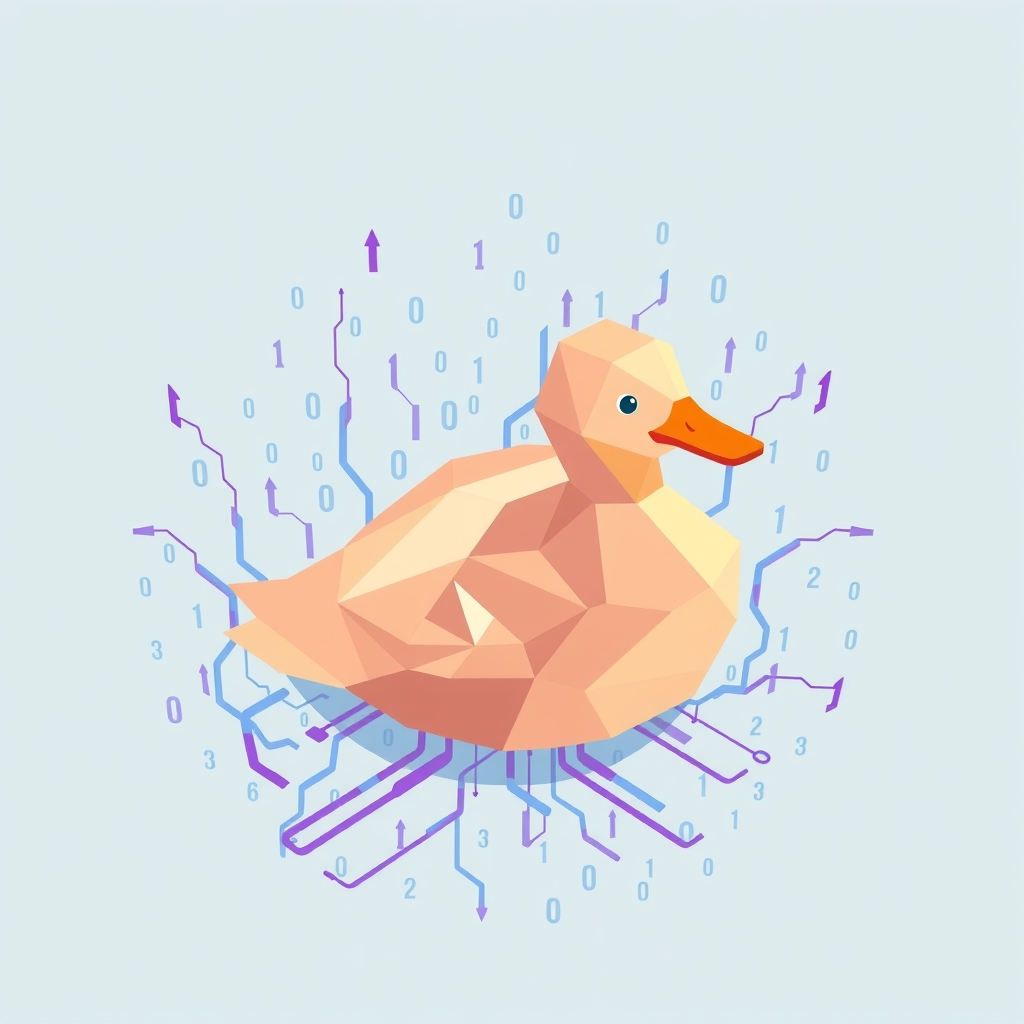 A geometric duck composed of server racks swimming in binary code