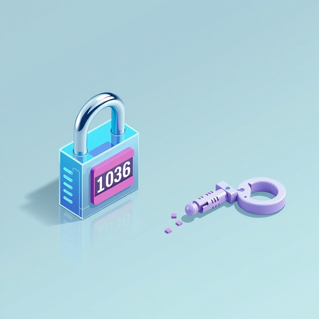Ein einfaches digitales Schloss, das einen schwachen einstelligen Code neben einem gebrochenen komplexen Schlüssel zeigt.