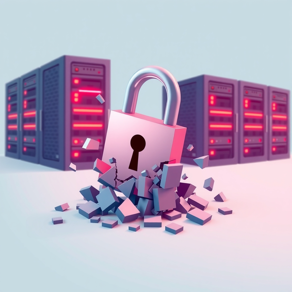 Illustration of a broken digital padlock and server warning lights representing a security breach
