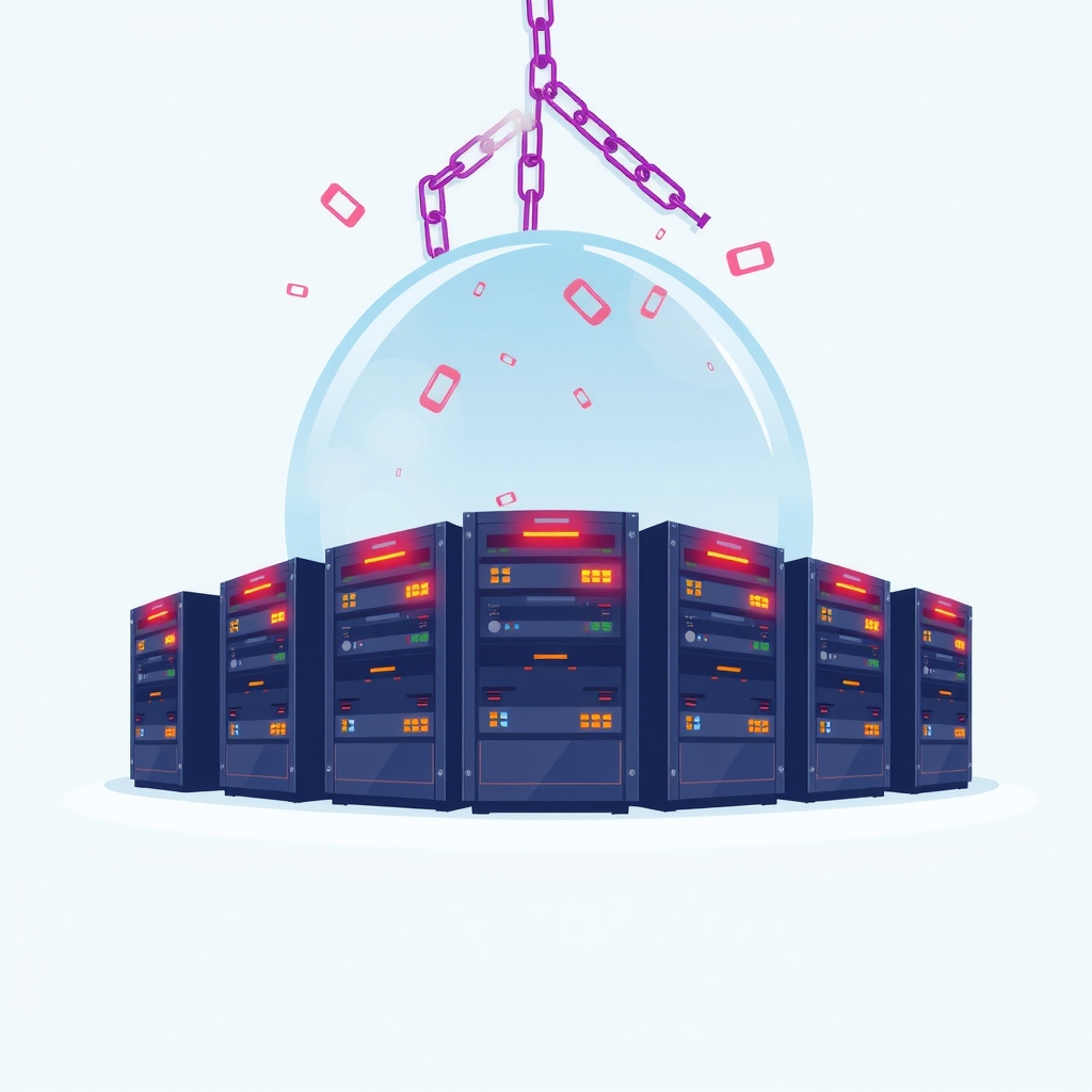 Server racks under a glass dome with warning lights and broken chains representing broken SSL trust