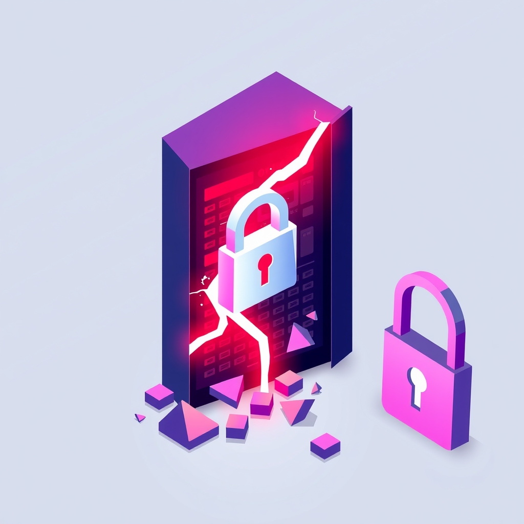 Illustration of a server breach with a cracked panel and broken lock icon