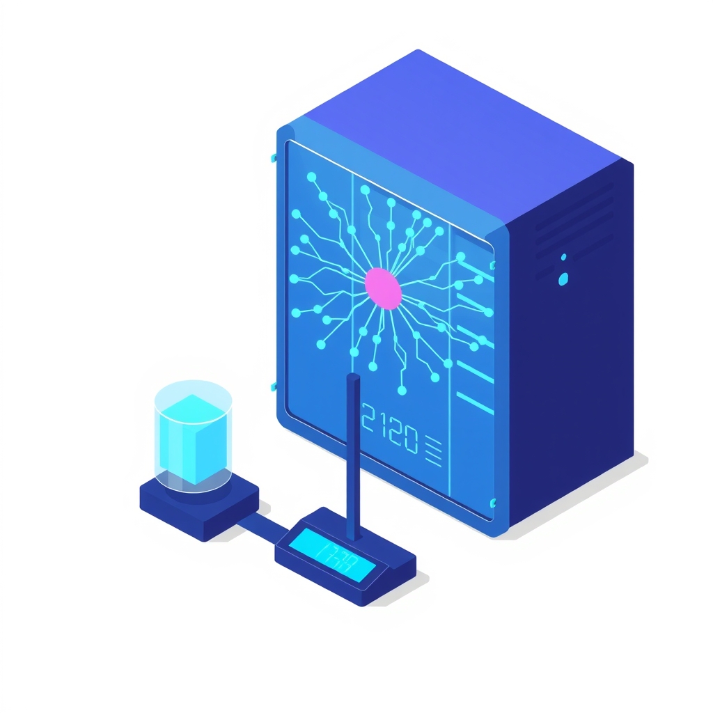 Illustration d'un rack de serveurs avec un motif de réseau neuronal équilibrant des jetons de données.