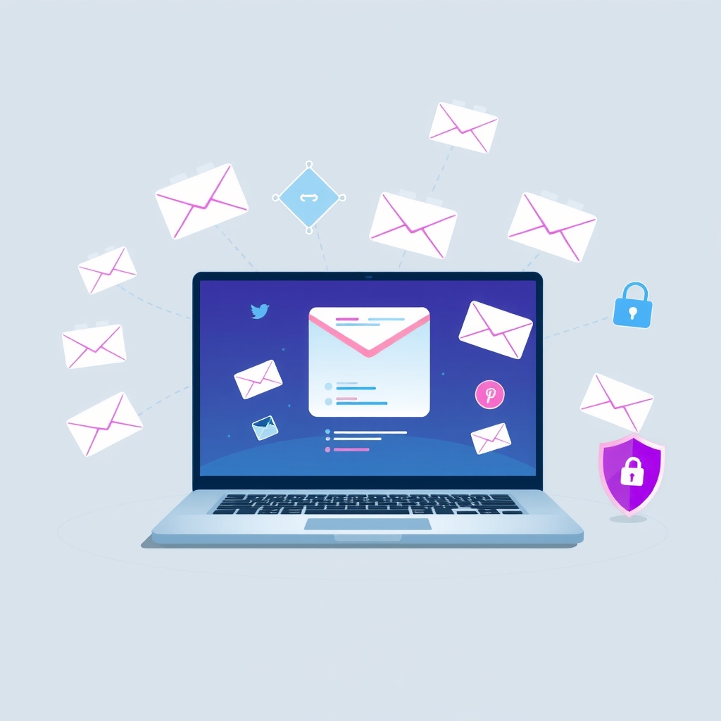 Illustration of a unified email interface connecting to multiple cloud services with a security shield