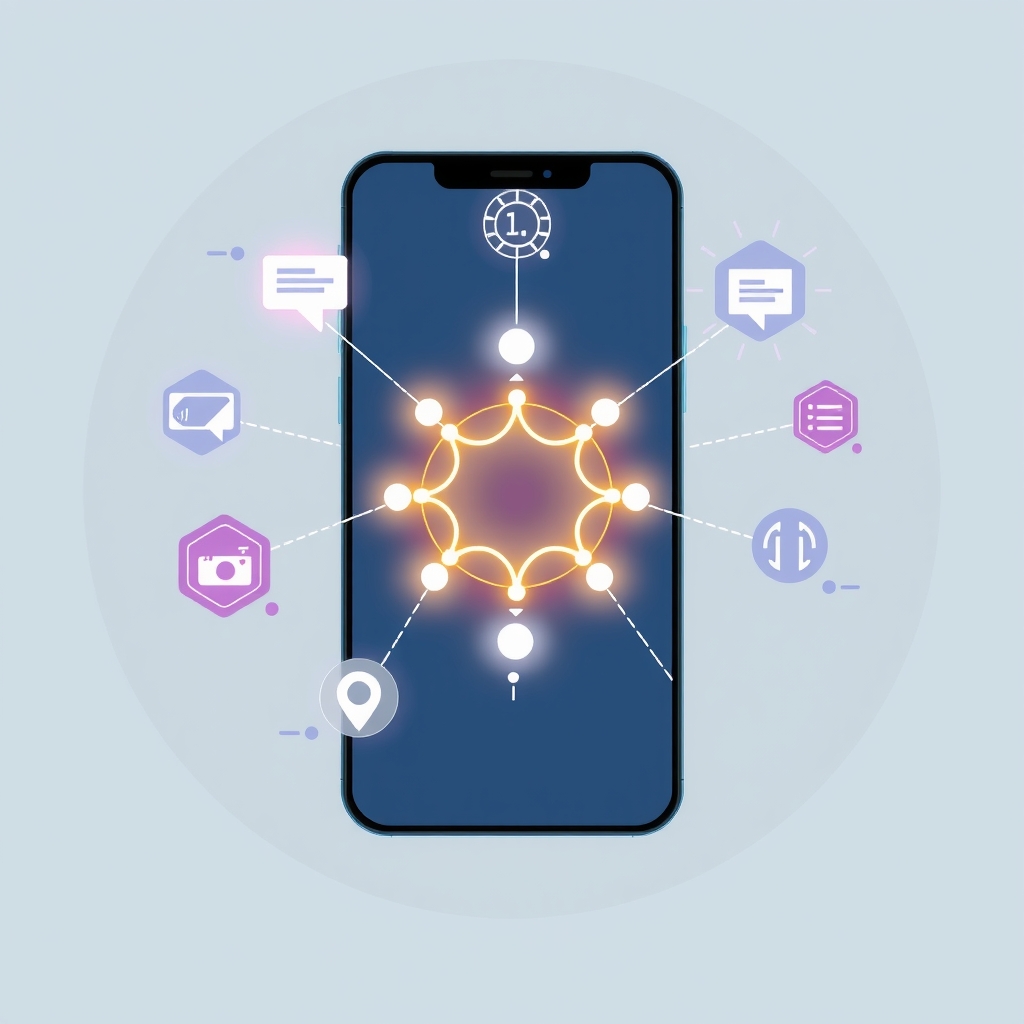 Écran de smartphone montrant un réseau neuronal connectant diverses icônes de types de médias.