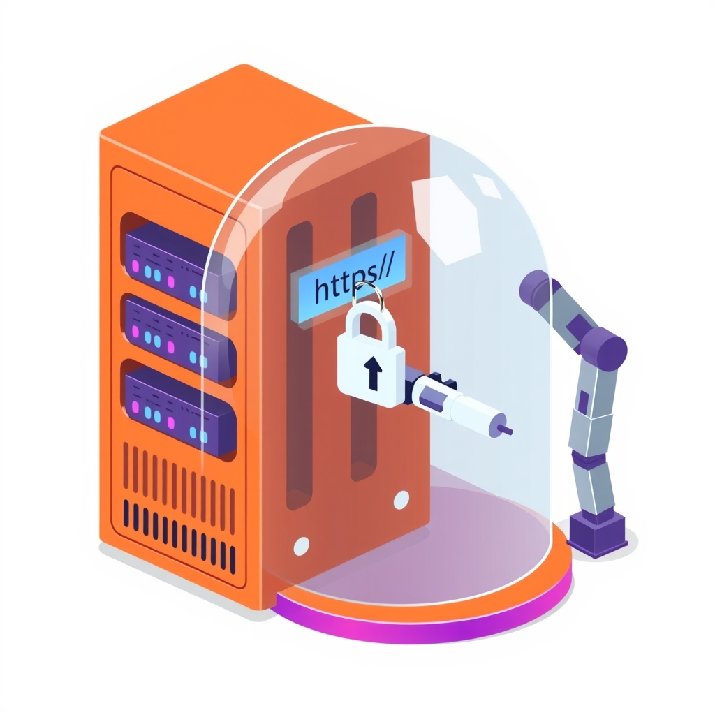 Illustration of a secure server rack under a glass dome with an HTTPS lock.