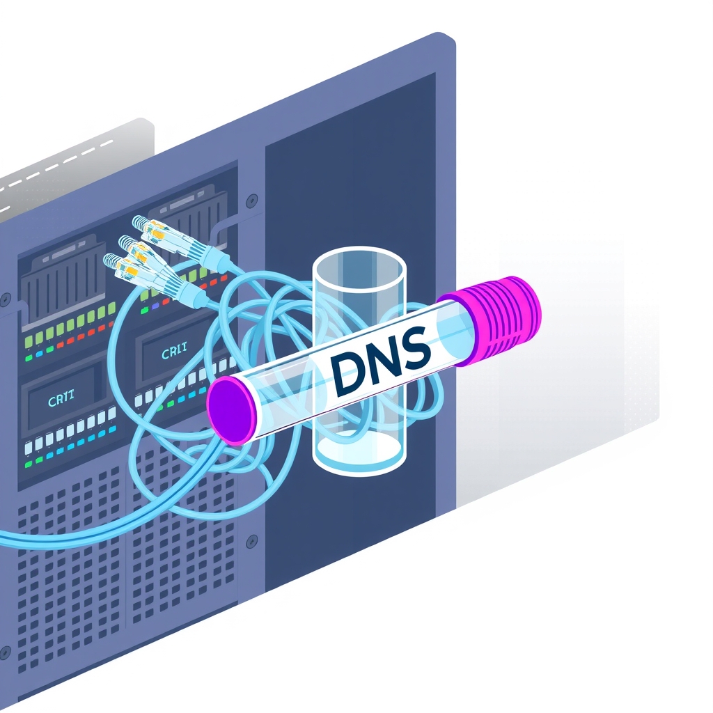 Illustration of network cables tangling around a transparent pipe representing DNS flow.