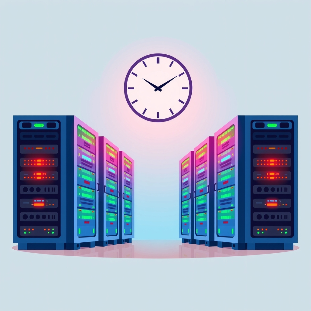 Server racks with lighting that changes from bright green to dim amber to represent day and night cycles.