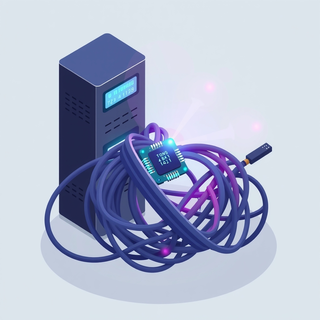 Illustration of complex server cables tangled around a microchip with warning lights