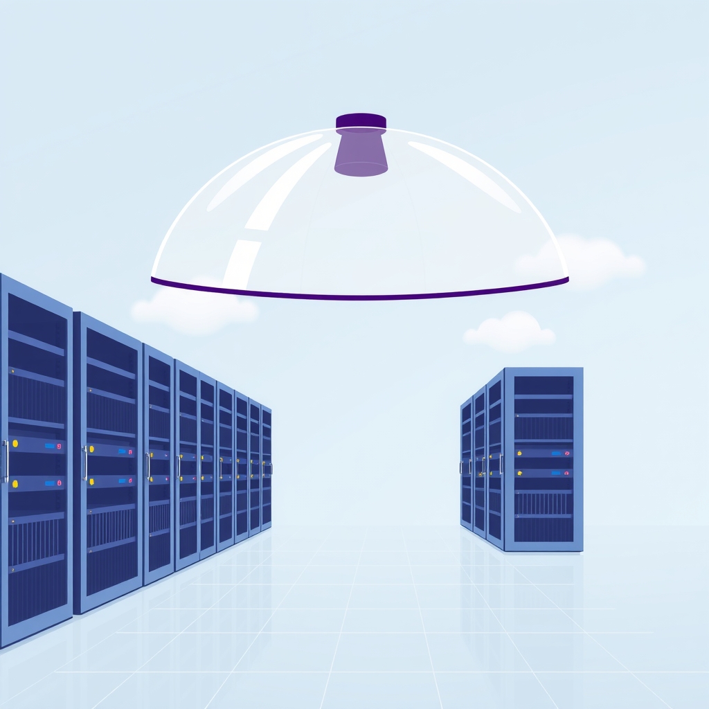 Racks de servidores bajo una cúpula de vidrio con luces de advertencia ámbar indicando alertas de seguridad