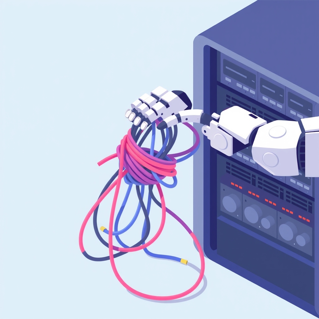 Roboterhand entwirrt Serverkabel neben einem organisierten Rack