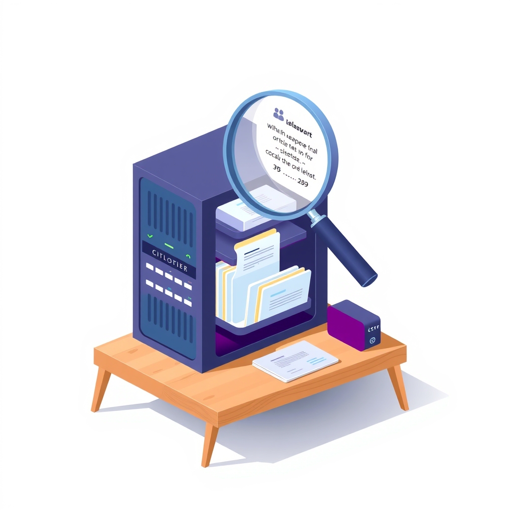 Illustration of a local server rack analyzing documents with a magnifying glass highlighting citations