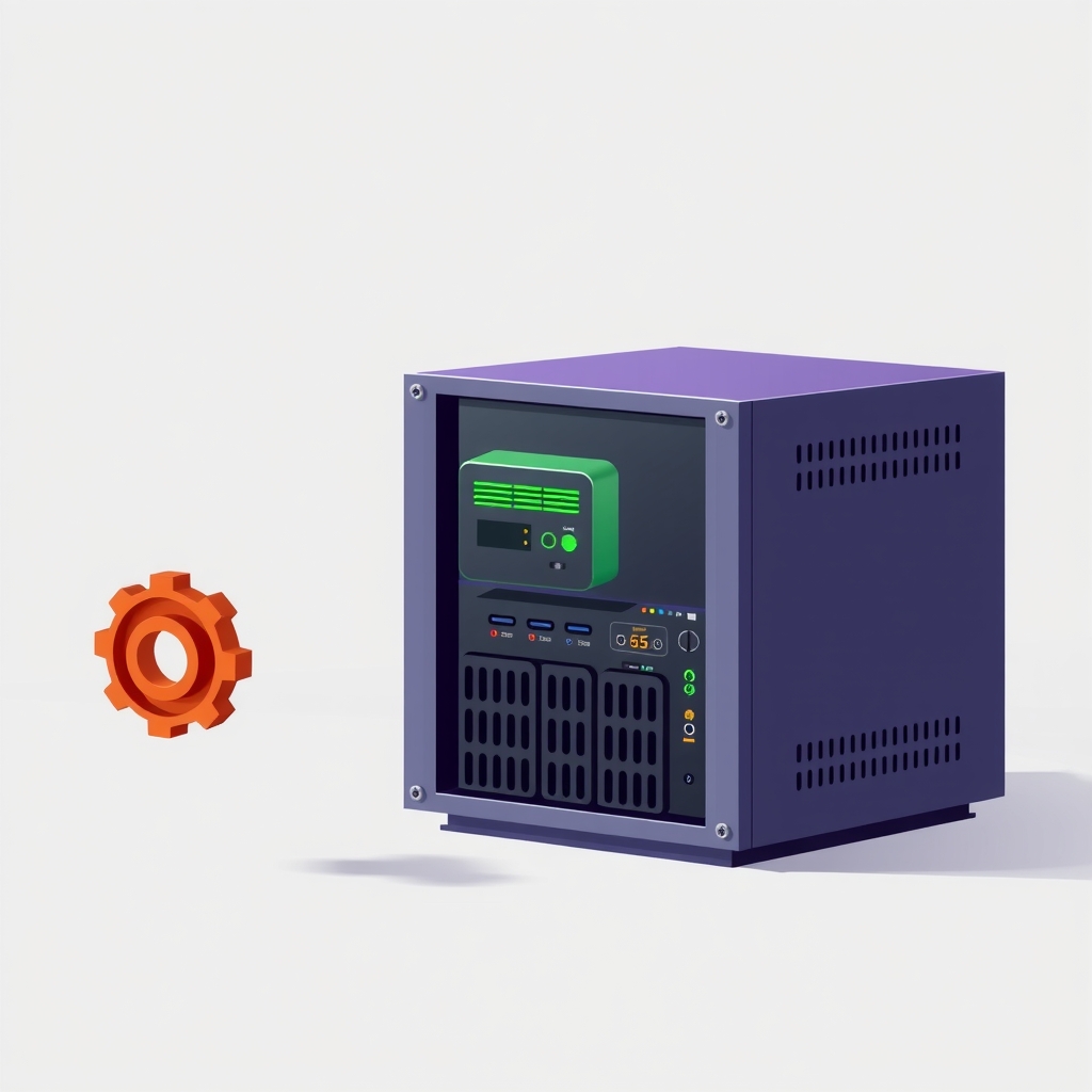 Hình minh họa một tủ rack server với một máy tính đơn bo mạch và biểu tượng bánh răng rust