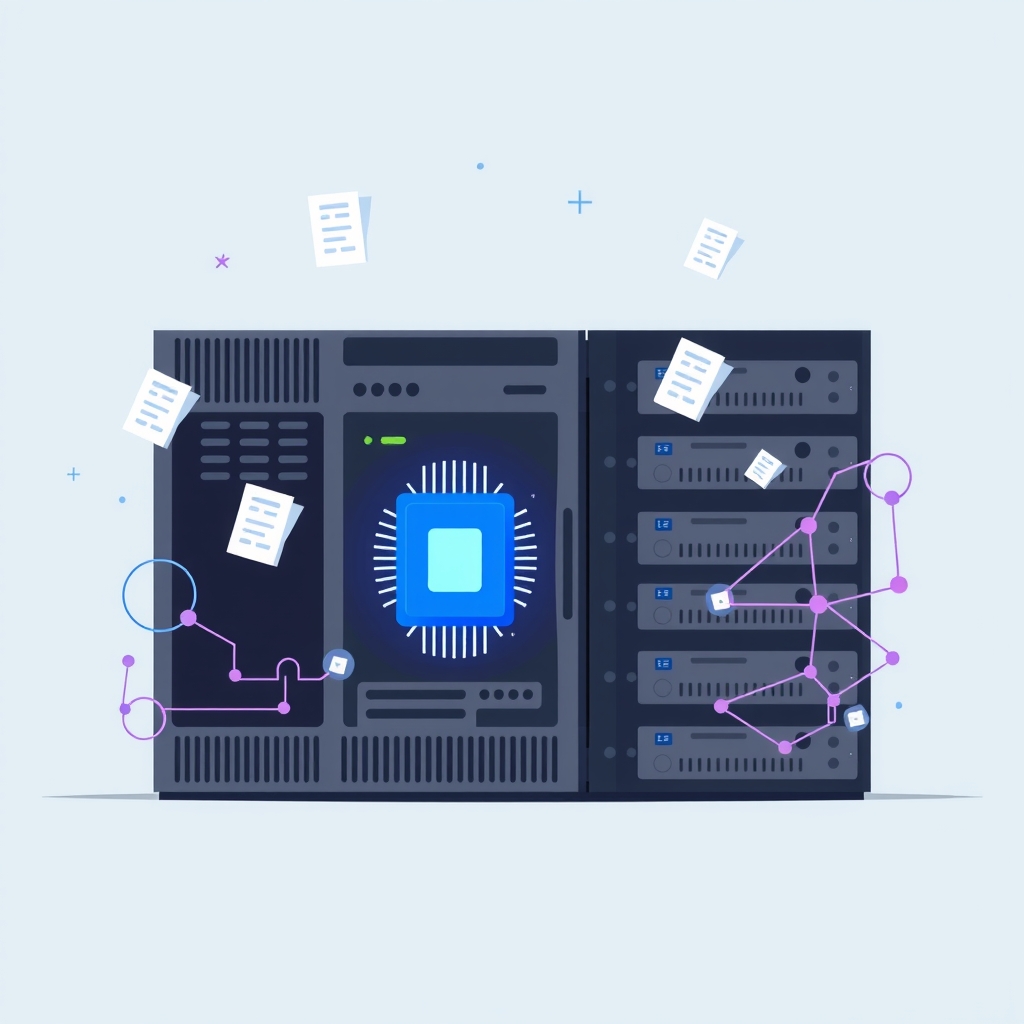Illustration of a server rack highlighting a CPU chip and document icons, representing CPU-based AI processing.