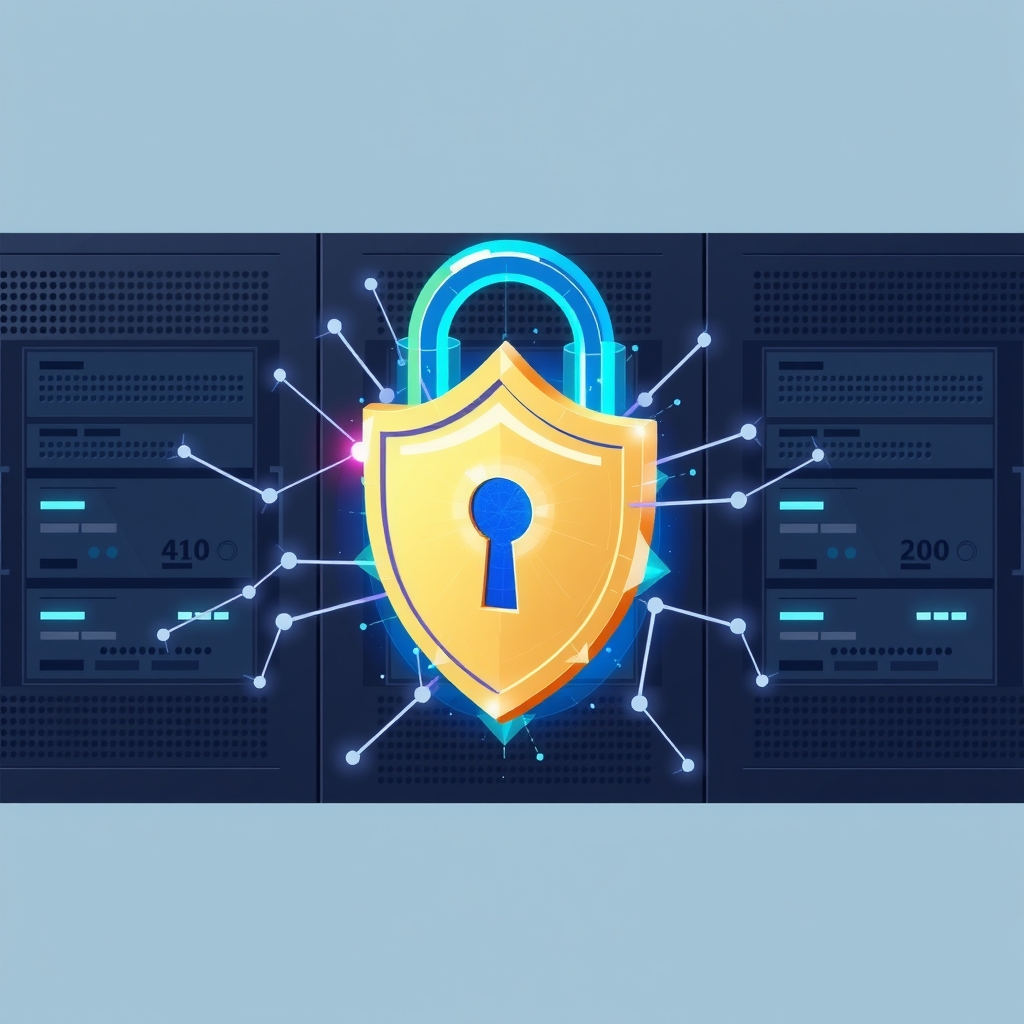 Illustration of a digital padlock transforming into a shield representing post-quantum security
