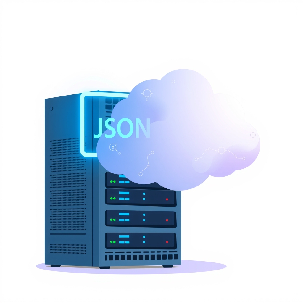 Illustration of a server rack with a JSON symbol partially hidden by fog