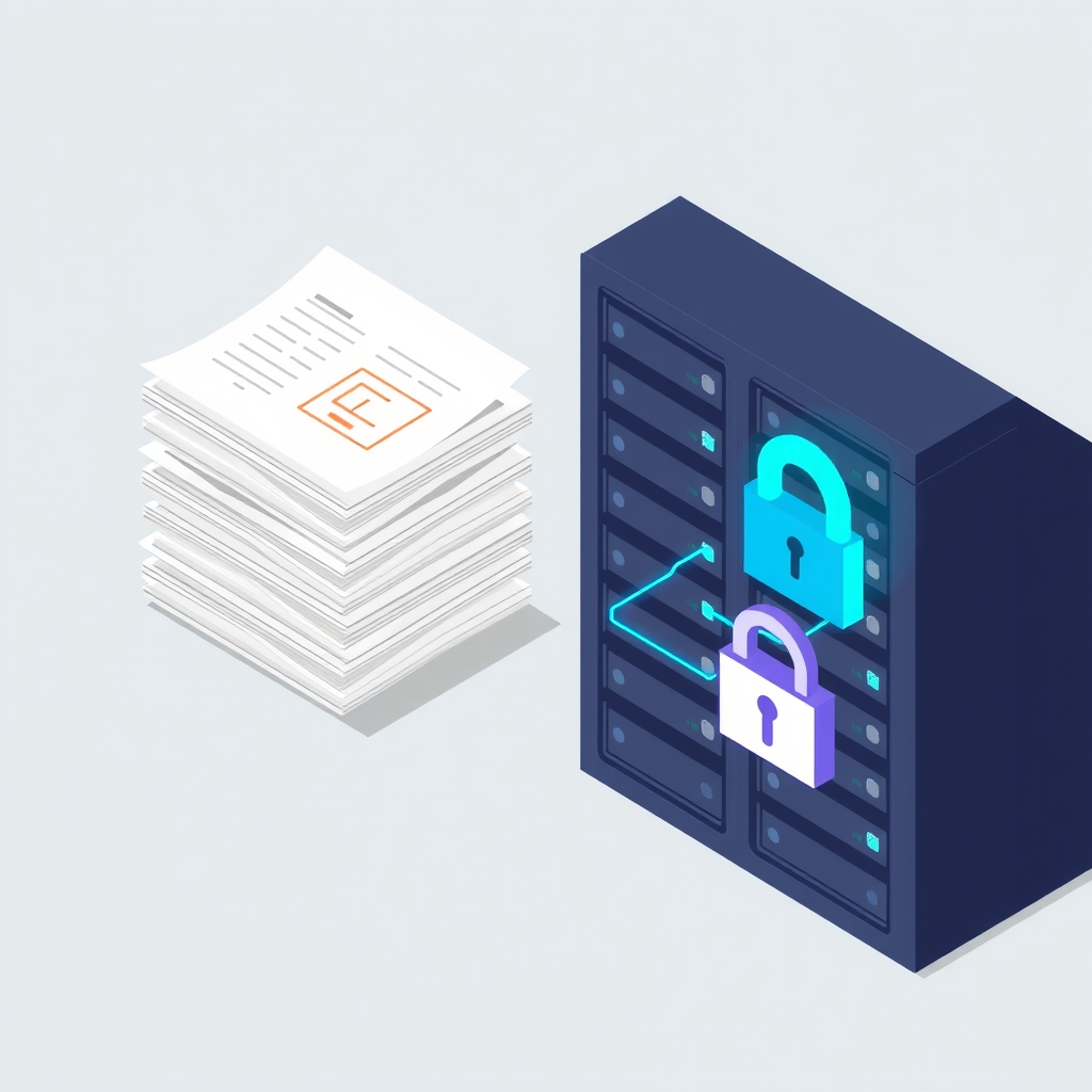 Ilustración de documentos físicos siendo digitalizados y asegurados en un servidor
