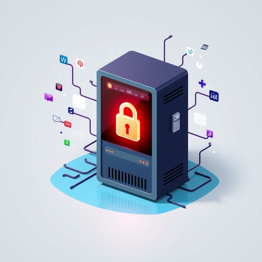 Server rack with a glowing red padlock and fragmented data streams