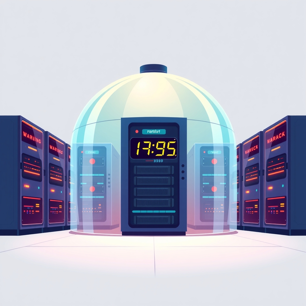 Server-Racks unter einer Glaskuppel mit Warnlichtern und einer schnell zählenden digitalen Uhr