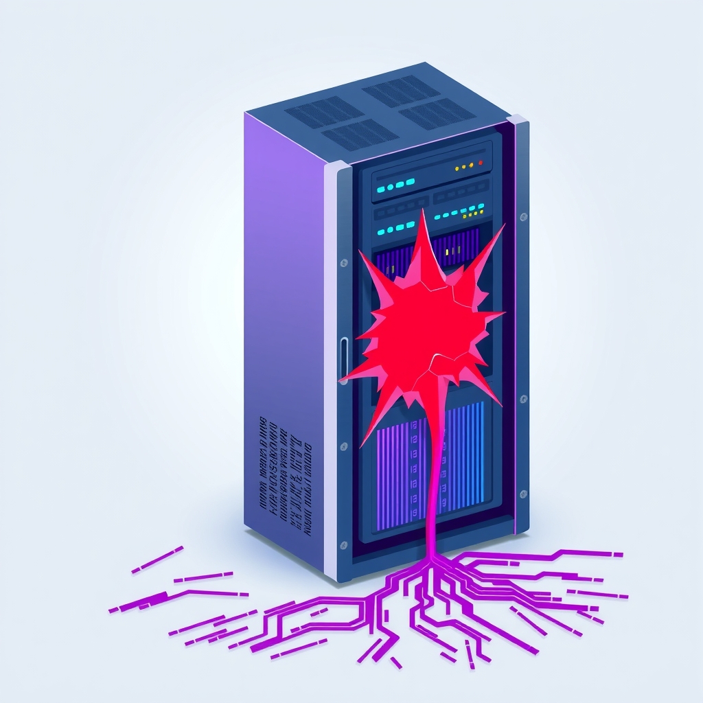 Illustration of a Linux server with a security breach represented by a glowing crack.