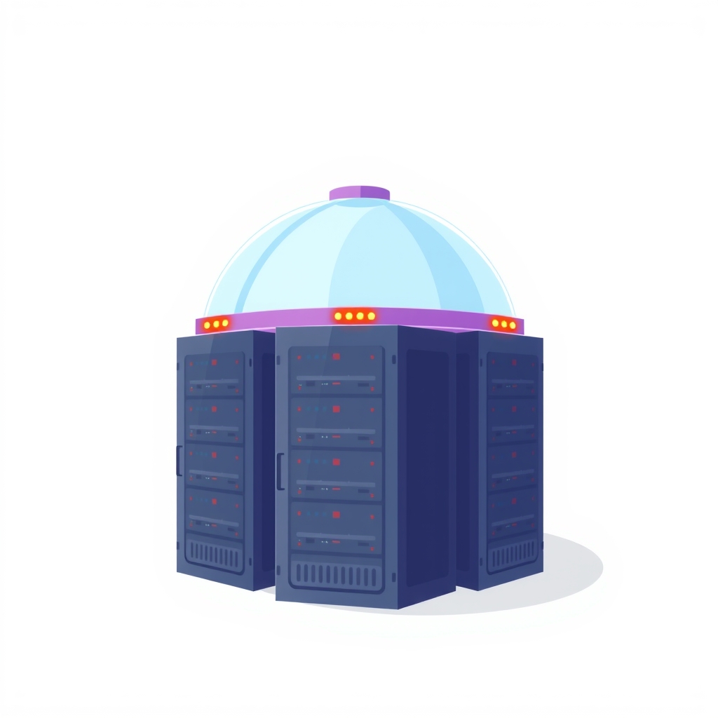 Serverschränke unter einer Glaskuppel mit bernsteinfarbenen Warnleuchten, die DNS-Probleme anzeigen