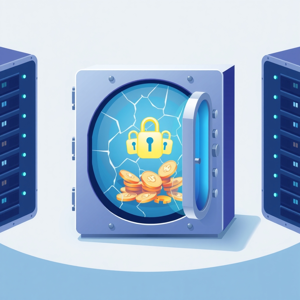 Illustration of a compromised digital vault exposing keys and cryptocurrency.