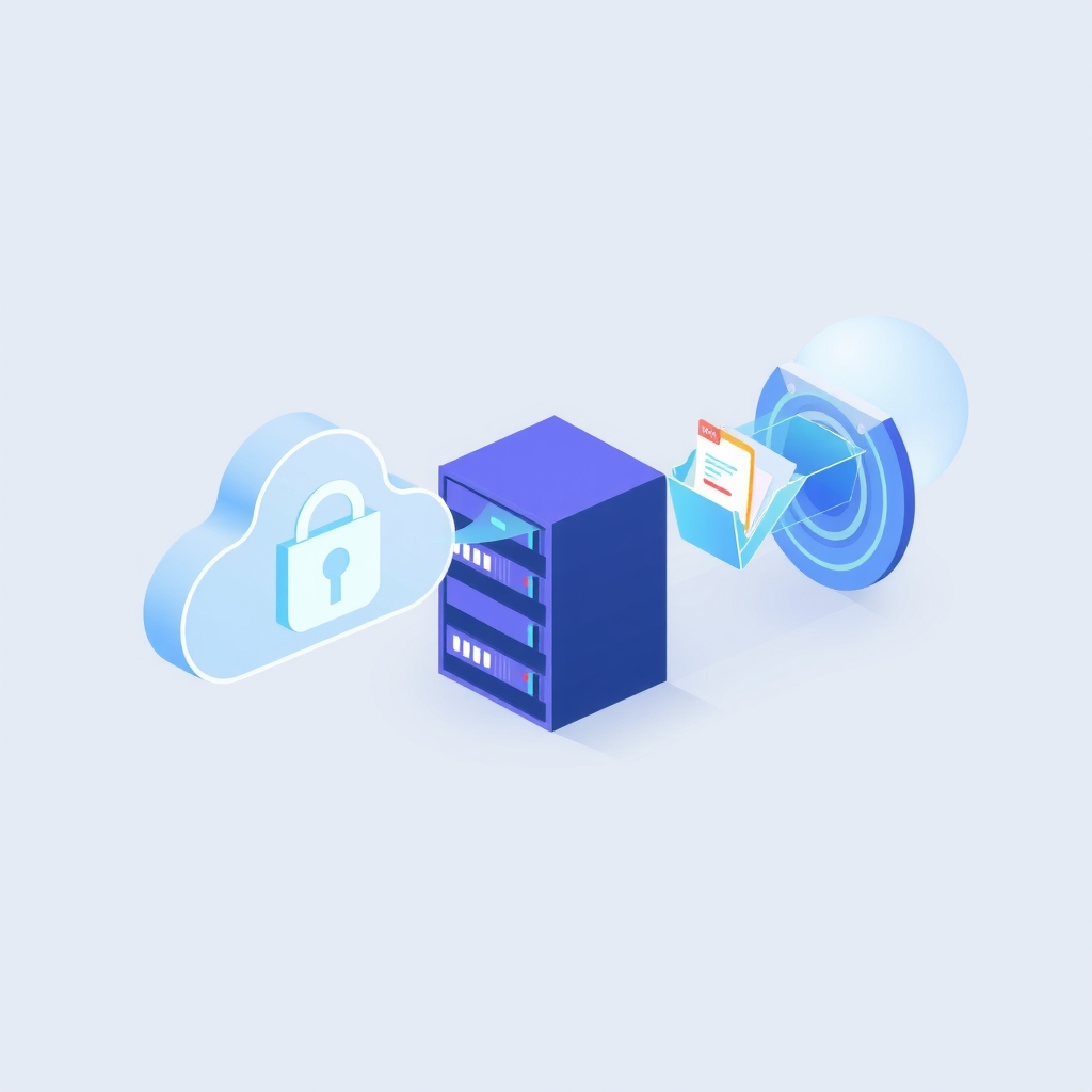 Serverrack, das über einen sicheren Tunnel mit der Cloud verbunden ist, mit Dateiordnern