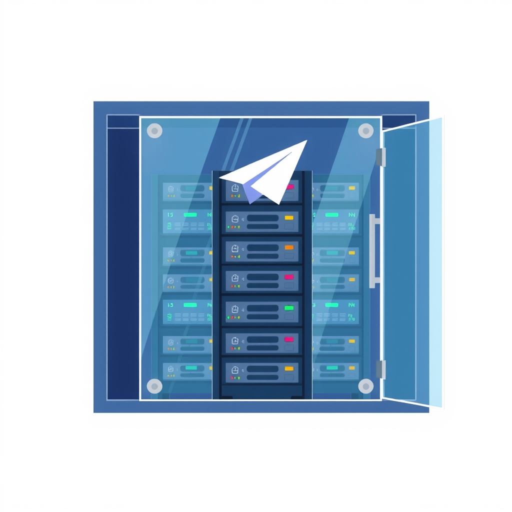 Illustration eines sicheren Servers mit einem Telegram-Symbol