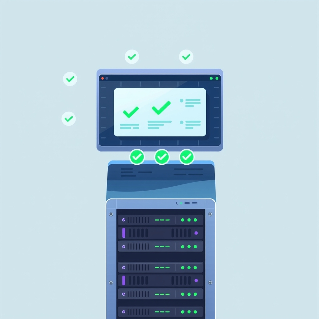 Illustration of a terminal interface showing successful certificate checks above server hardware
