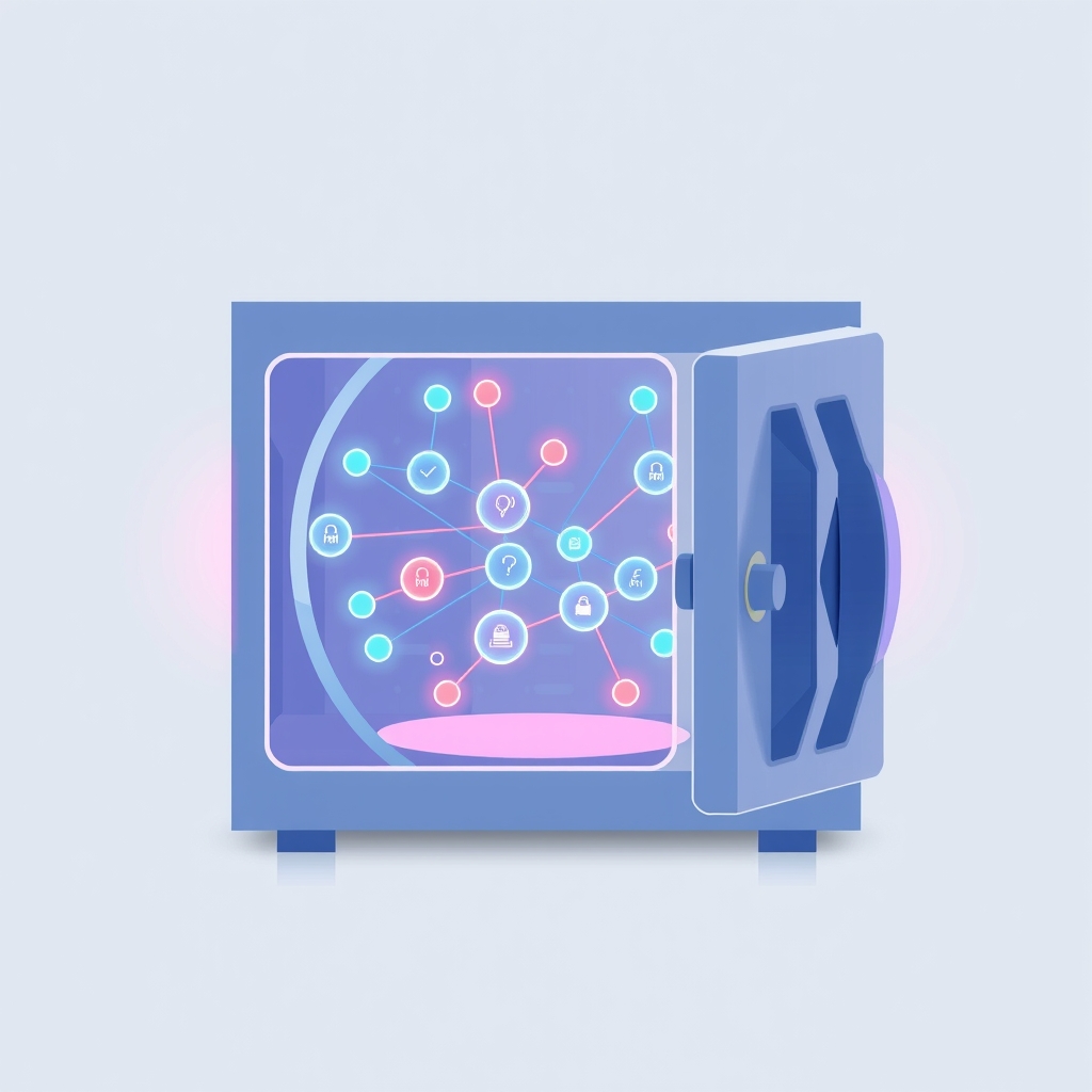 A visualization of a threat intelligence graph secured within a digital vault.