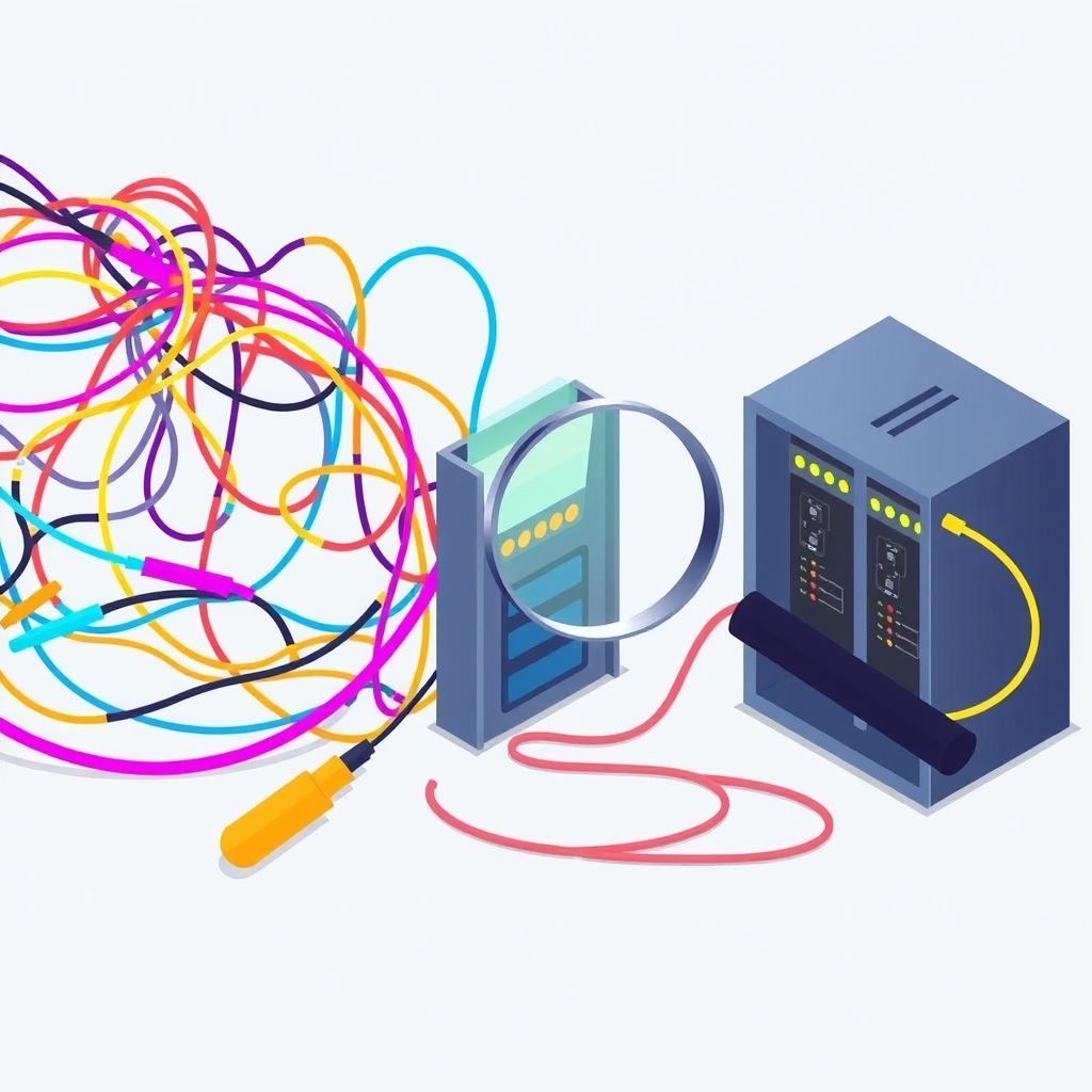 Illustration komplexer Netzwerkverbindungen, die mit einer Lupe inspiziert werden