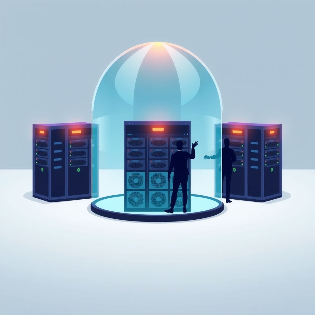 Server racks under a glass dome with warning lights and agent silhouettes