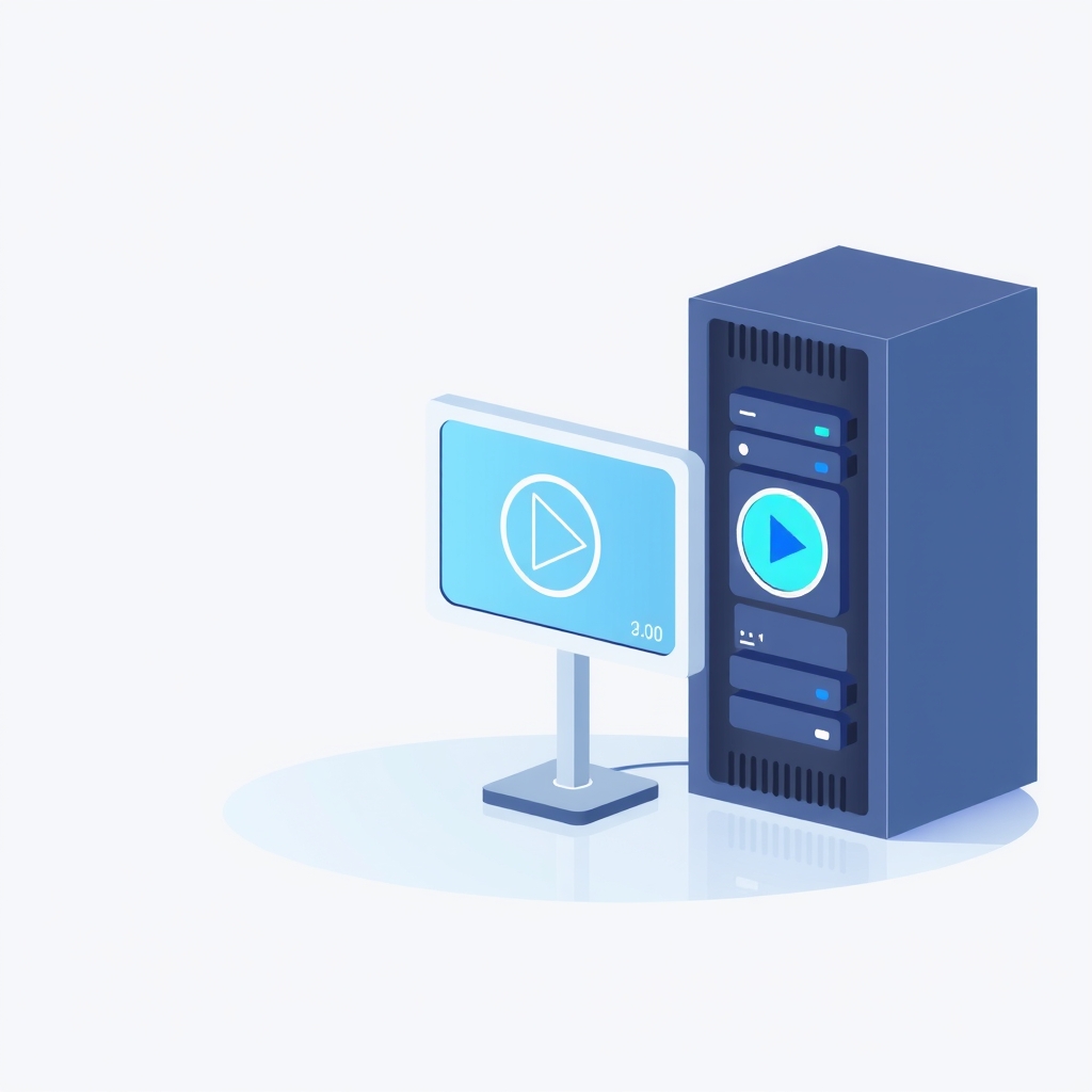Ilustración de un rack de servidores con unidades de almacenamiento y un icono de reproducción multimedia
